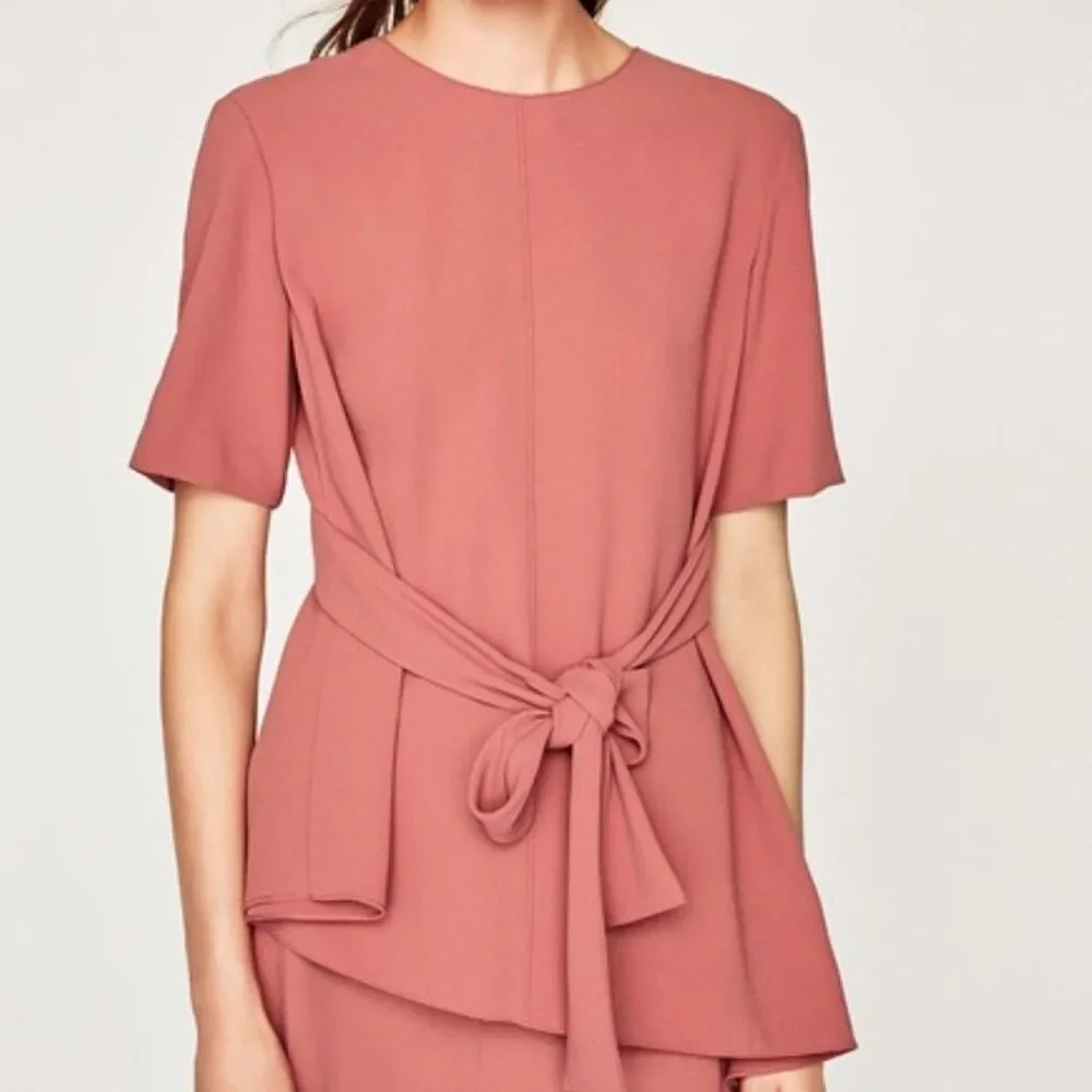 Zara Belted Short Sleeve Asymmetrical Top Russet-red Size Small - Picture 5 of 6